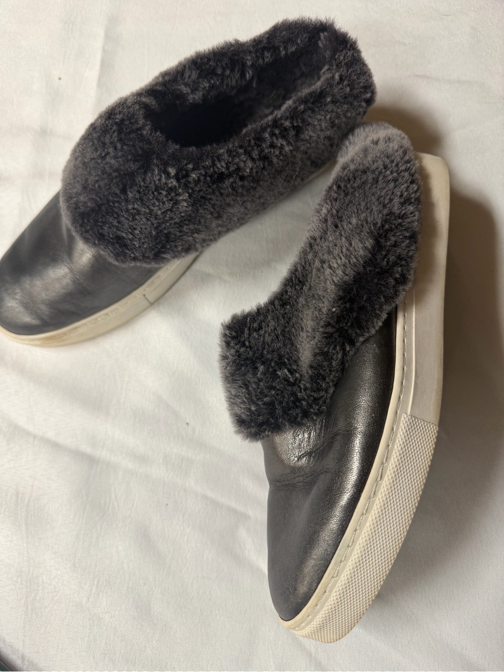 Trask Black Leather Slip-On Sneakers with Dark Gray Faux Fur Trim